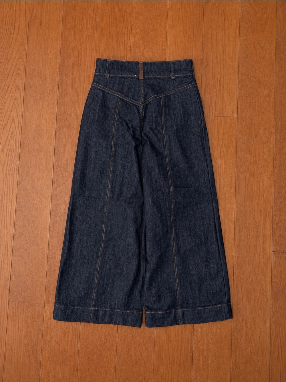 Maeve Dark Blue Denim Cropped Wide-Leg Jeans with Brown Trim Sz 23P - Picture 2 of 4